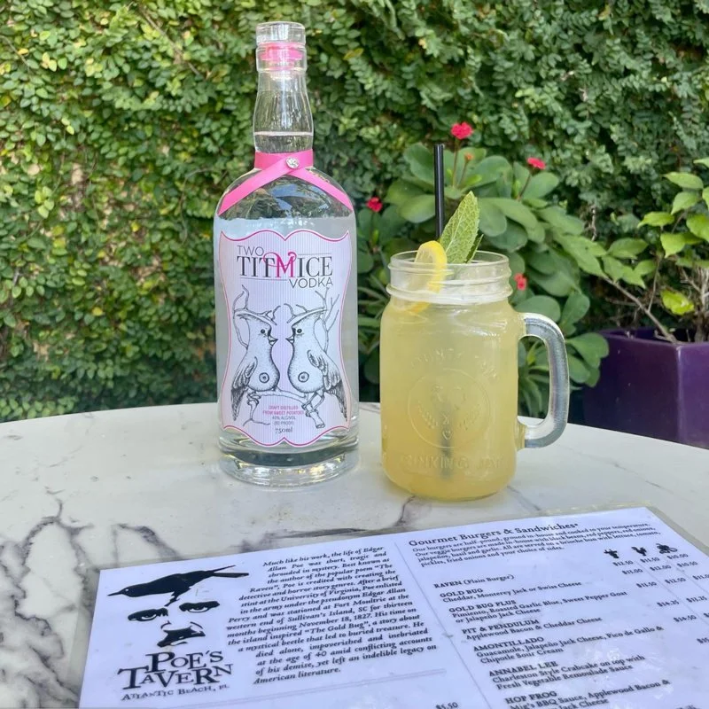 Poe's Tavern menu with Two Titmice Vodka